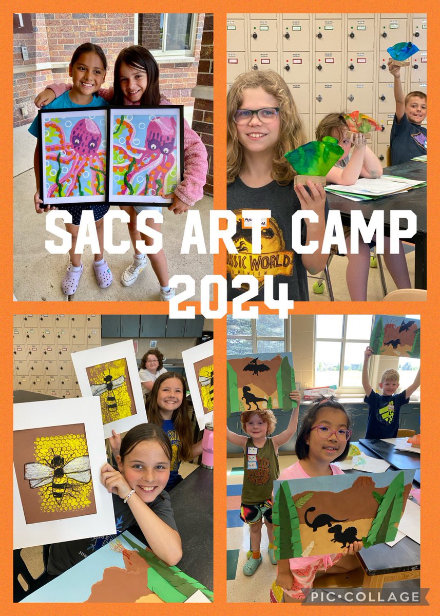 Thank you campers for a fun week at Art Camp! Projects included painted octopus, printmaking and oil pastel bees, Dale Chihuly inspired sculptures, paper collage landscapes with scratch board dinosaurs, super hero masks and glue drawn, chalk pastel flowers.