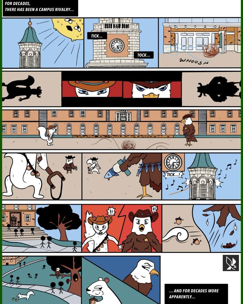 ntdaily's tweet photo. In this week's edition of the Daily, Illustrations Editor Allie Garza created a comic about the rivalry between school mascots Scrappy the Eagle and Lucky the Albino Squirrel. https://t.co/MRuITOje6q