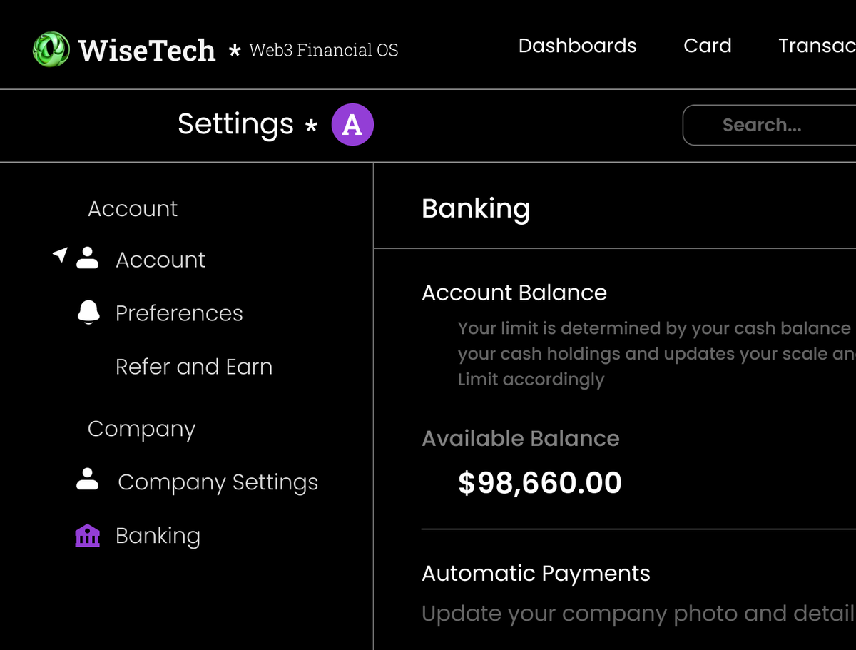 Toluuwani's tweet image. Day 7- Banking settings section for WiseTech Web3 Financial OS (Operating system)
#Web3Finance #Web3 #FinancialOS
