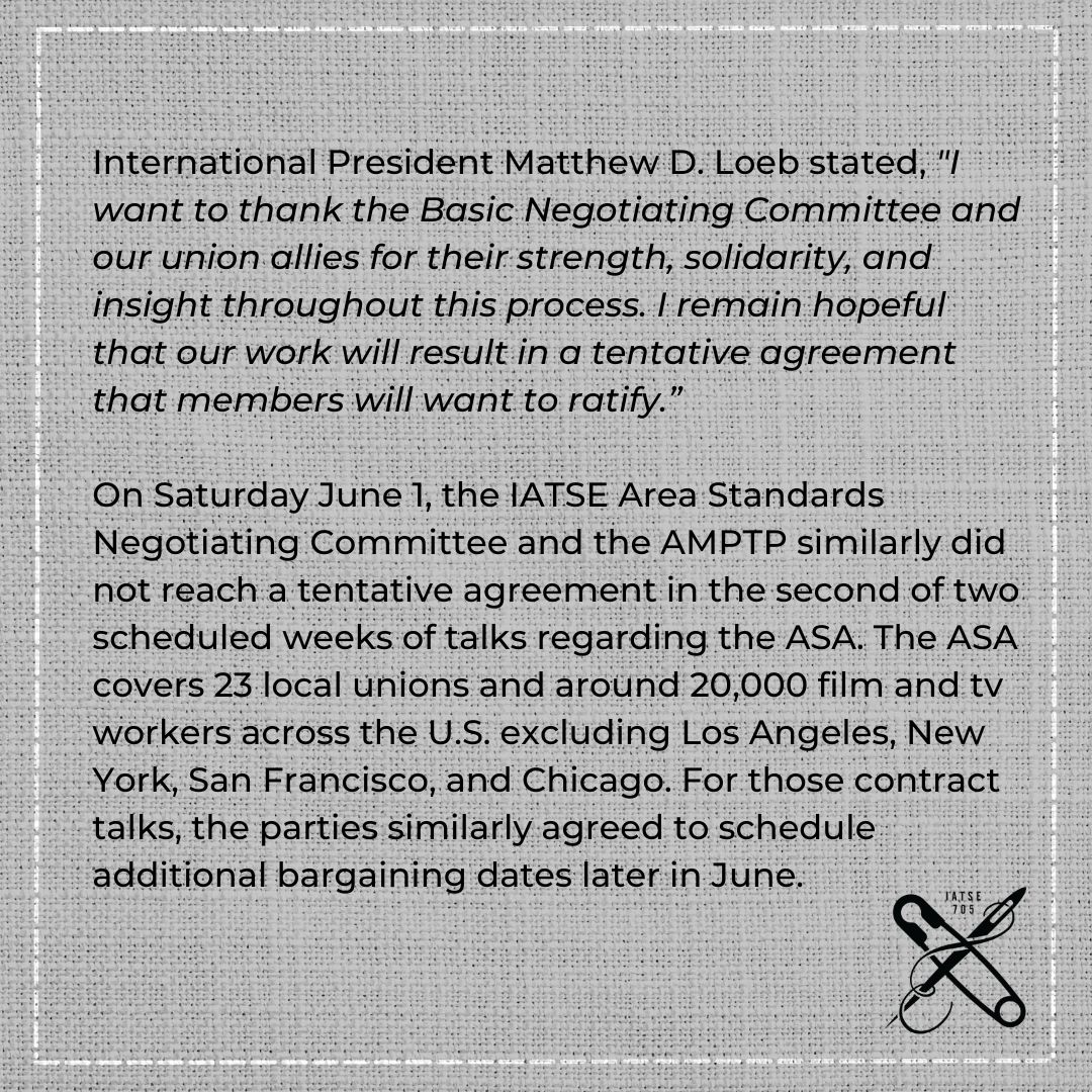 MPC705's tweet photo. IATSE, AMPTP To Sched Add'l Dates to Close Hollywood Basic Agreement
Thus far negotiations have largely been productive, with the Basic Negotiating Committee & the studios reaching consensus on a number of issues.
#IASolidarity #ManyCraftsOneFight #mpc705 #motionpicturecostumers https://t.co/TXjxacIAAN