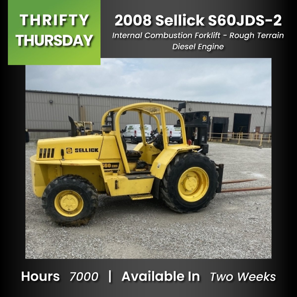 MorrisonInd's tweet photo. Searching for a rough terrain forklift without breaking the bank? This Thrifty Thursday, we're presenting a 2008 Sellick S60JDS-2. As an added bonus, we're slashing $6,000.00 off the price! 
Check it out here- https://t.co/TTw8Zvphru
#Forklift #ThriftyThursday #MorrisonIndustrial https://t.co/tcyW5ReVIF