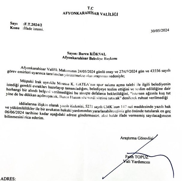 Afyonkarahisar Valiliği, Irak uyruklu bir kişinin evrakları tam olmasına rağmen ruhsat vermediği gerekçesi ile Afyonkarahisar Belediye Başkanı Burcu Köksal’ın ifadesini istemiş.

Anayasanın 125. maddesinde de “idarenin her türlü eylem ve işlemlerine karşı yargı yolunun açık”