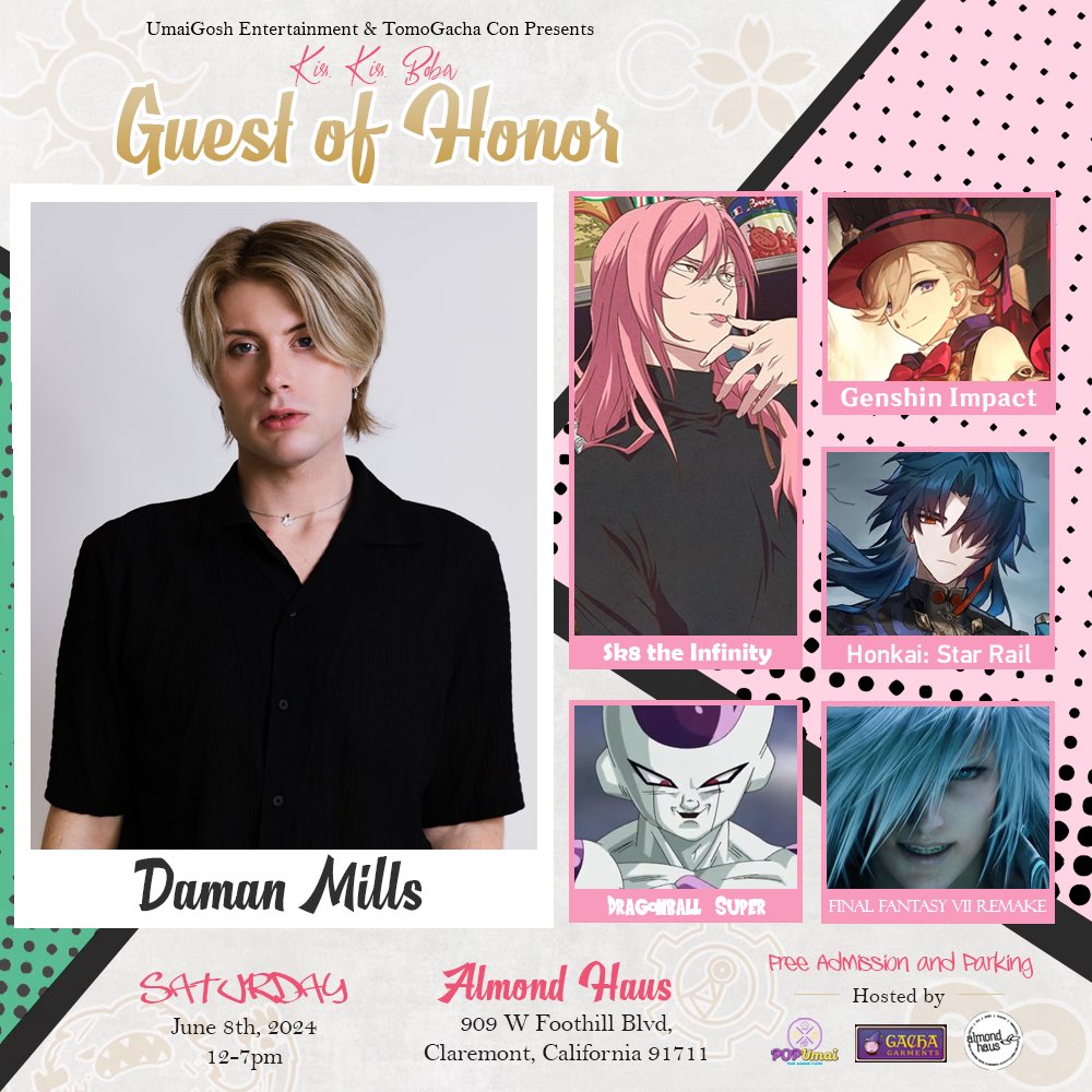 pop_umai's tweet photo. 🌸GUEST ANNOUNCEMENT🌸

Matchablossom fans rejoice! We’re so excited to announce that @DamanMills will be joining us this Saturday for “Kiss, Kiss, Boba!” 🥳

Come say hi to Daman &amp; the rest of our Guests of Honor!

Free tickets &amp; parking so don’t miss it!
https://t.co/Xb04h5bv4J https://t.co/GYmMjvtDsm