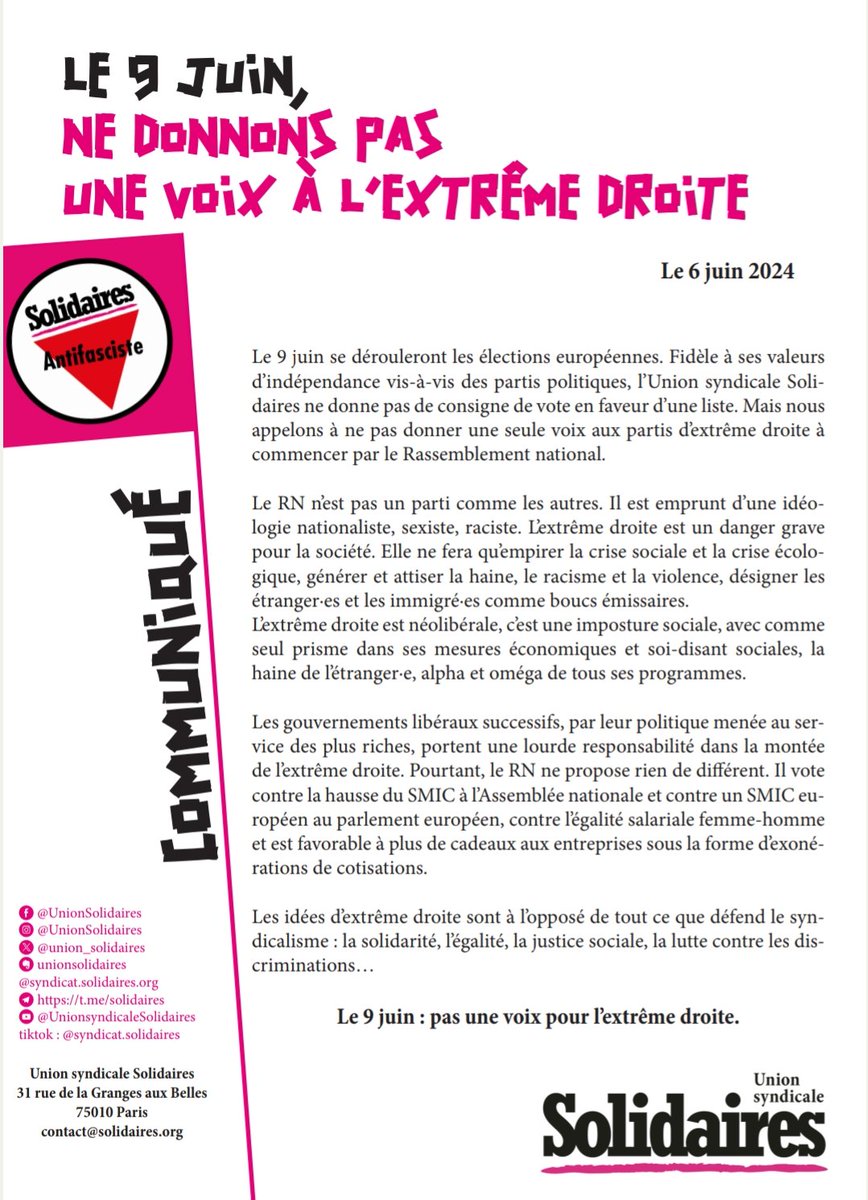 Le 9 juin, ne donnons pas une voix à l’extrême droite ! 

solidaires.org/sinformer-et-a…
