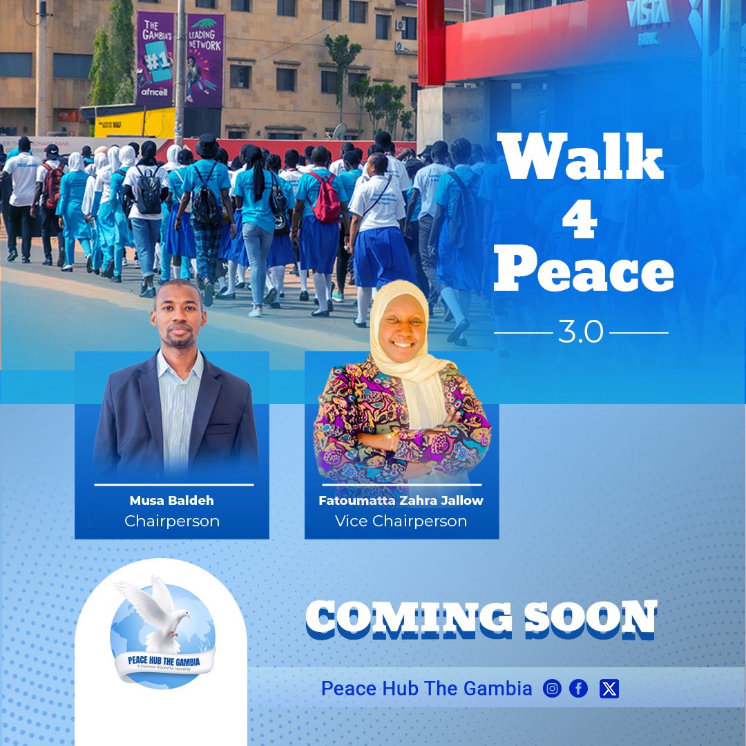 Ladies and gentleman, it’s our pleasure to introduce to you Musa Baldeh and Fatoumatta Zahra Jallow as the Chairperson and Vice Chairperson of our #Walk4Peace2024.

Join us in congratulating these two industrious personalities on this exciting journey for #peace. 

#PeaceHubGMB