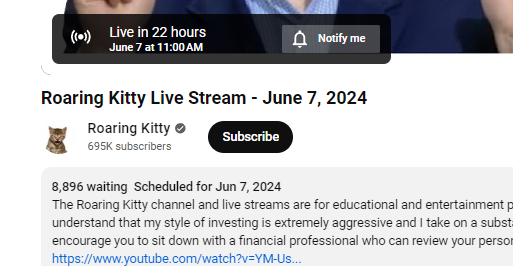 BrendanRiley_'s tweet photo. There are nearly 9K (and climbing) people in a waiting room for a Roaring Kitty live stream scheduled for 22 hours from now. 

I have to imagine if the stream DOES ends up happening it will be one of the more watched YouTube live streams ever. https://t.co/Gleq7ObVB7
