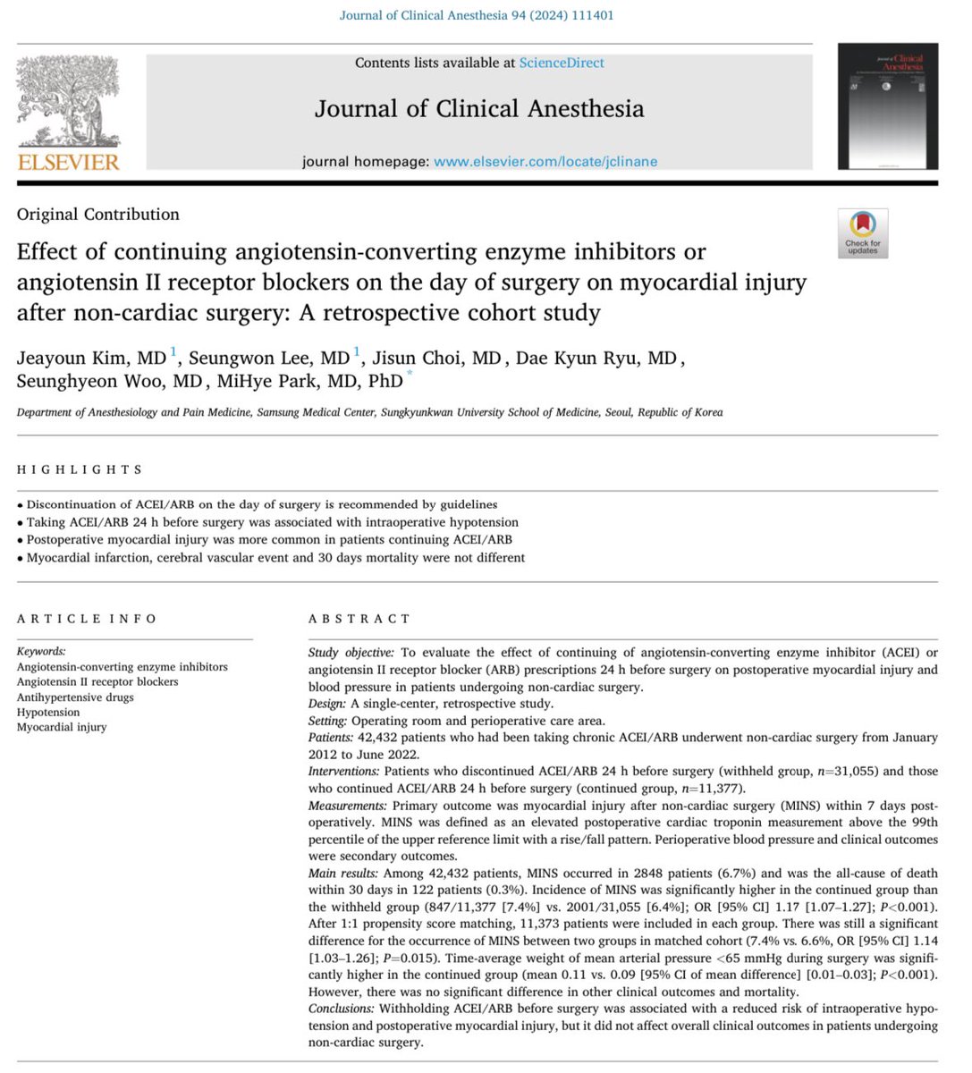 JClinAnesth's tweet photo. This retrospective study of 42,432 noncardiac surgery patients found that withholding ACEI/ARB before surgery was associated with a reduced risk of intraoperative hypotension and #MINS, but it not with overall clinical outcomes or mortality.
🔗https://t.co/XRfuLJhxsU https://t.co/PvCpgowMrW