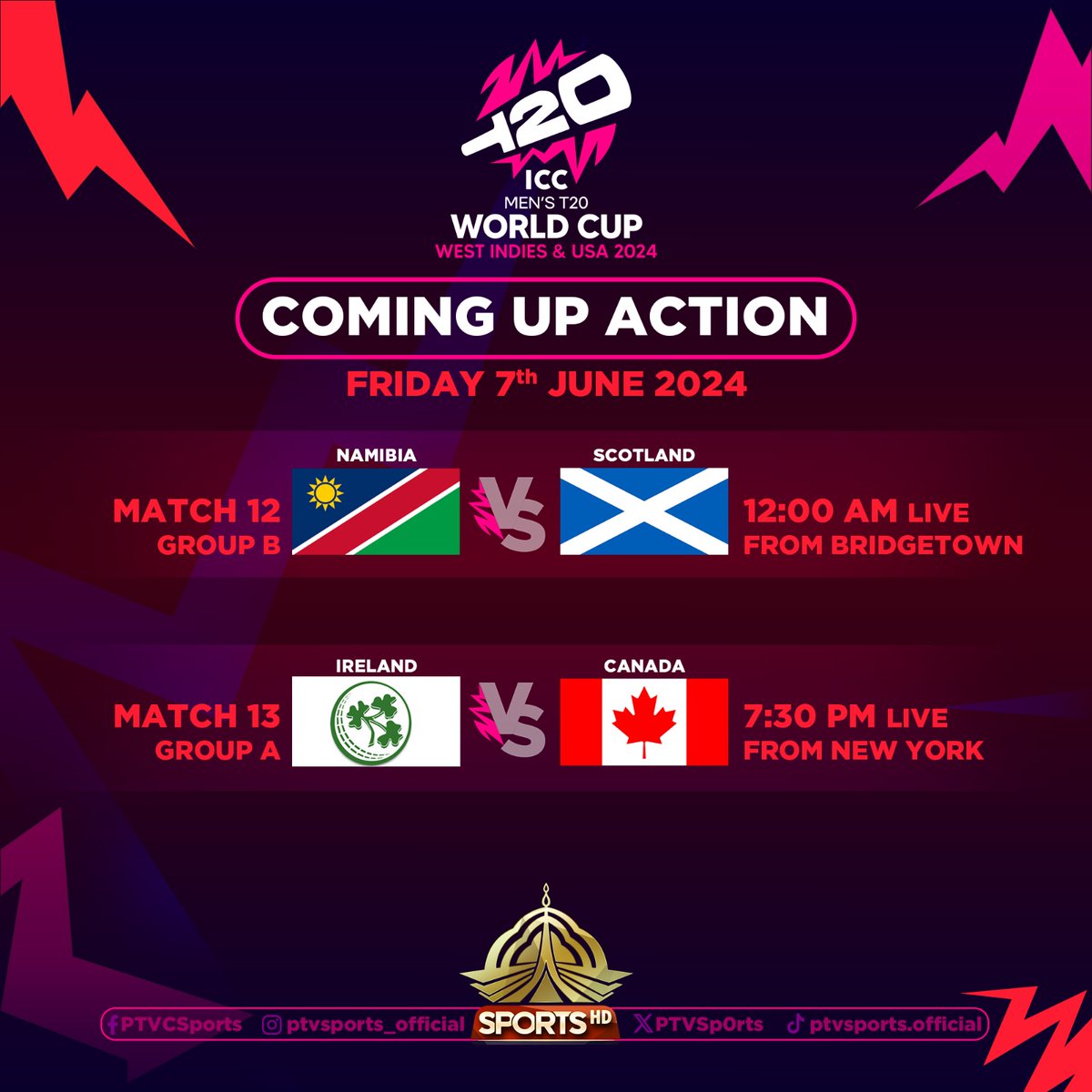 PTVSp0rts's tweet photo. 7th June, another day of thrilling fun
#Namibia goes head-to-head with #Scotland
Live on PTV Sports
#namvsscot
#T20WorldCup
#OutOfThisWorld
#T20WorldCup2024onPTVSports https://t.co/YJFcdgU35U