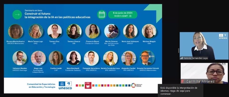 ces_ec's tweet photo. ↪️ | Carmita Álvarez, consejera académica del CES, asiste al seminario en línea: “Construir el futuro: la integración de la IA en las Políticas Educativas”, organizado por IIPE UNESCO (@IIPEUNESCO_BA). https://t.co/AqJ7SiamID