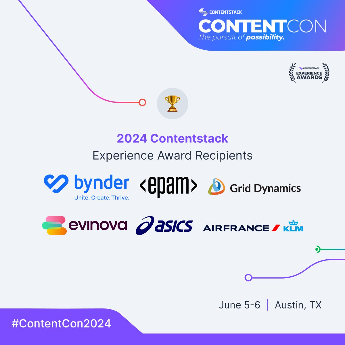 Contentstack's tweet image. Congratulations to our 2024 Contentstack Experience Awards winners: 

🏆: @bynder 
🏆: @EPAMSystems 
🏆: @GridDynamics and @ASICSamerica
🏆: @AirFranceKLM 
🏆: Evinova

Read about their impressive advancements in the composable space: bit.ly/3VfCb9a #contentcon2024