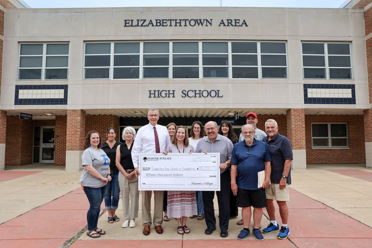 For the 16th year, Masonic Villages presented a $15,000 check to the Elizabethtown Area Education Foundation. This contribution will be used for its educational classroom grant program, which awards funds to <a href="/etownPAschools/">etownPAschools</a> teachers for creative and innovative programs.