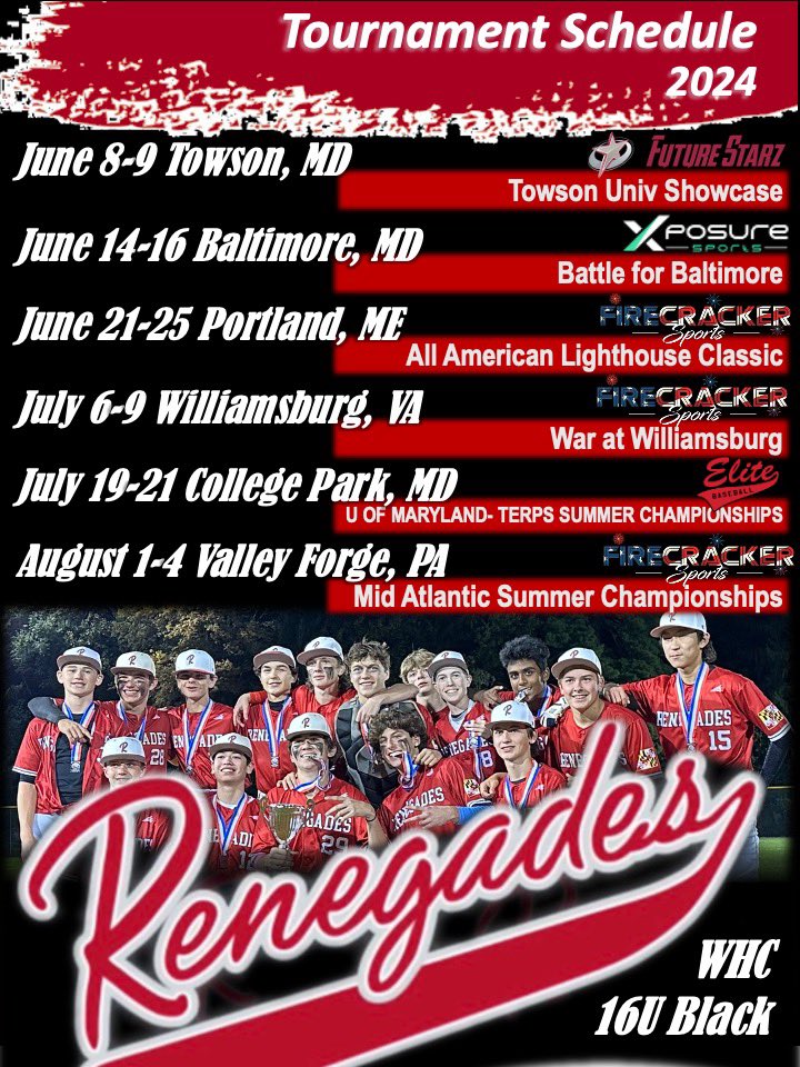 WHC Renegades Black 16u

Summer Tournament Schedule

Showcasing our players with grad years 2025/2026/2027 throughout the mid-Atlantic and northeast

<a href="/astsofficial/">All-Star Tournament Series</a> 
<a href="/Xposure_Sports/">Xposure Sports</a> 
<a href="/firecrackerbsb/">Firecracker Baseball</a> 
<a href="/elitebaseballco/">Elite Baseball</a>