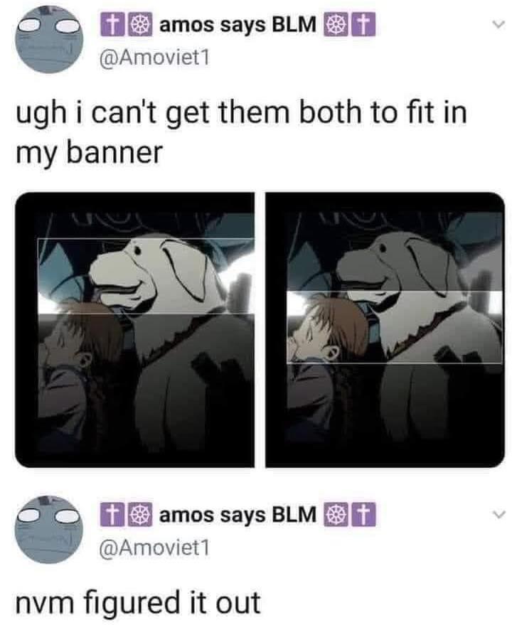 VZNexplain's tweet photo. $VZN : The girl and the dog are from Full Metal Alchemist.
The girl's father fuses the two of them into a chimera during the story. As a single creature they can now fit into his banner.
#ExplainTheJoke #meme #solana $VZN #joke #btc https://t.co/wQLYJDzb2p