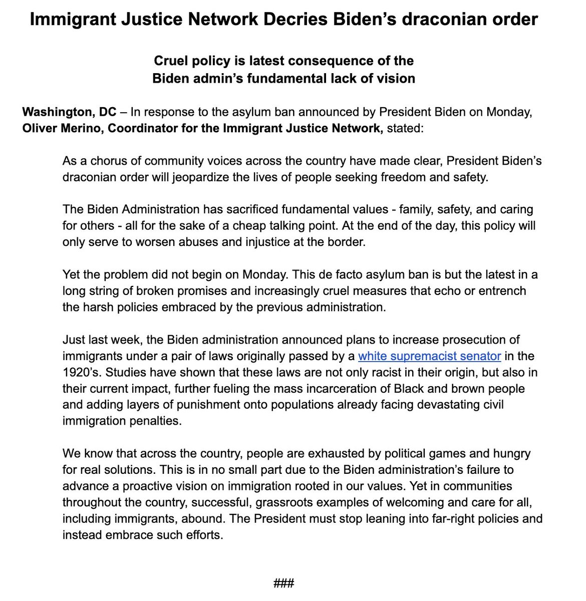 Our reaction to Biden's draconian EO: Cruel policy is latest consequence of the Biden admin's fundamental lack of vision ⬇️