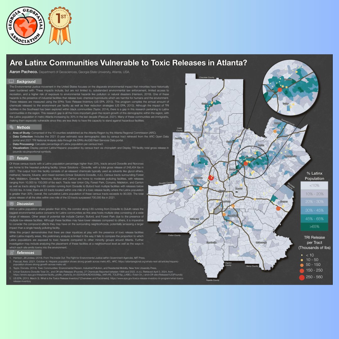 GSUGEOS's tweet photo. Another year, another set of award-winning maps from GEOS students 🗺️🏆 A big congrats goes out to Aaron Pacheco and Caleb Fagunloye for winning 1st and 3rd place respectively in @georgiageospatial’s 2024 Virtual Student Map Competition! 👏👏

https://t.co/Xiq3xATA5Z https://t.co/u86jTcfvso