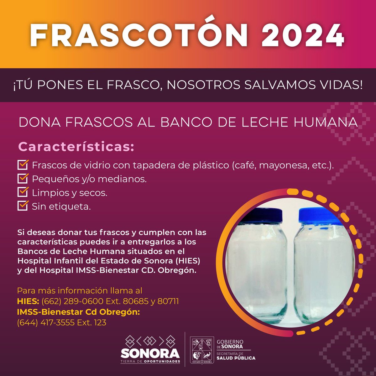 ssaludsonora's tweet photo. Atención mamás 🤱🏻
Si estás en proceso de lactancia materna exclusiva y produces mucha leche, ¡ayuda a salvar vidas de bebés!
➡️Si reúnes los requisitos, dona #LecheHumana
➡️O bien, puedes donar recipientes al #Frascotón2024
#SaludSonora https://t.co/9qMnOCpr72