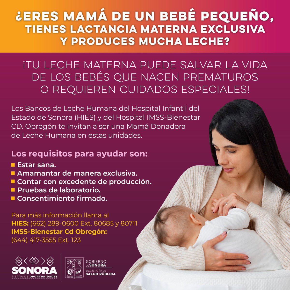 ssaludsonora's tweet photo. Atención mamás 🤱🏻
Si estás en proceso de lactancia materna exclusiva y produces mucha leche, ¡ayuda a salvar vidas de bebés!
➡️Si reúnes los requisitos, dona #LecheHumana
➡️O bien, puedes donar recipientes al #Frascotón2024
#SaludSonora https://t.co/9qMnOCpr72