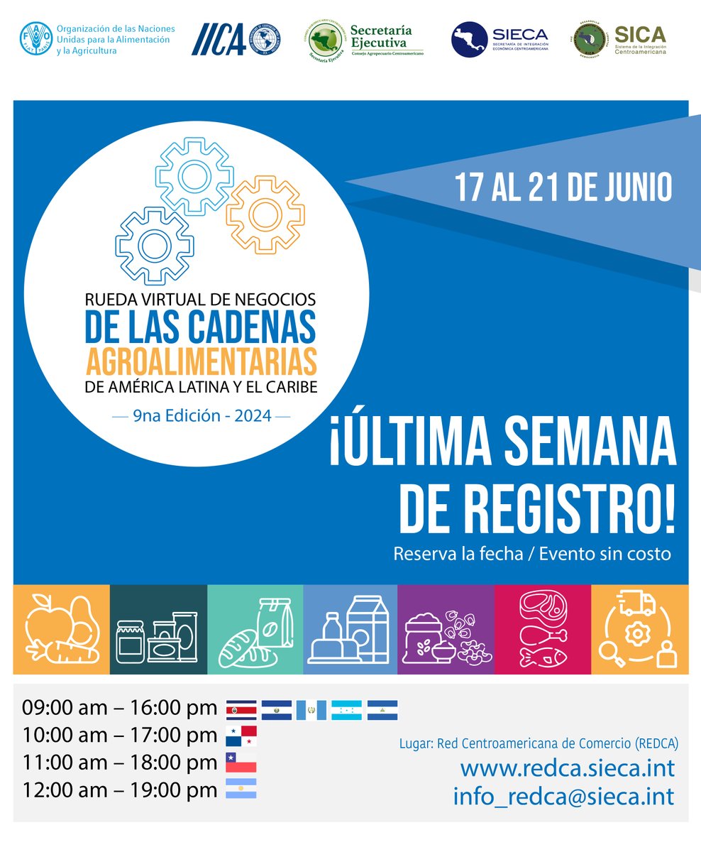 📌ULTIMOS DIAS PARA INSCRIBIRSE IX Rueda virtual de negocios de las Cadenas Agroalimentarias de América Latina y El Caribe.
📅Fechas: 17 al 21 de junio 2024
💻Inscripción en: forms.gle/cR9UKPpAek3V5p…
organizan <a href="/IICAnews/">IICA</a>,  <a href="/sg_sieca/">SIECA</a>, <a href="/FAOAmericas/">FAO Américas</a> y <a href="/SE_CAC/">SE-CAC</a>