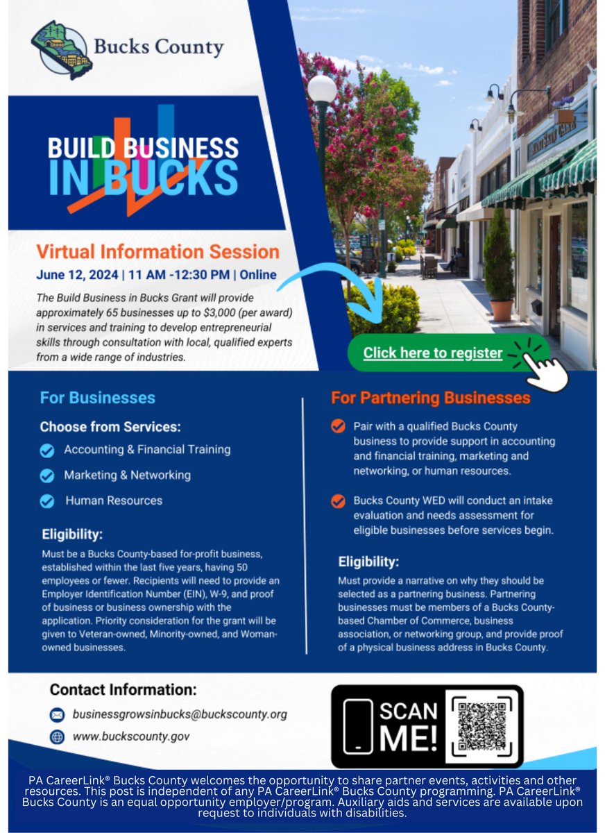 PACareerlinkBC's tweet photo. @BucksCountyGovt is hosting a virtual info session on the Build Business in Bucks grant! Up to $3,000 in services/training for 65 businesses. Priority for Veteran, Minority, and Woman-owned. 

🖱Click to register: https://t.co/zjIfgPi1Fy https://t.co/W2YilYrRUH