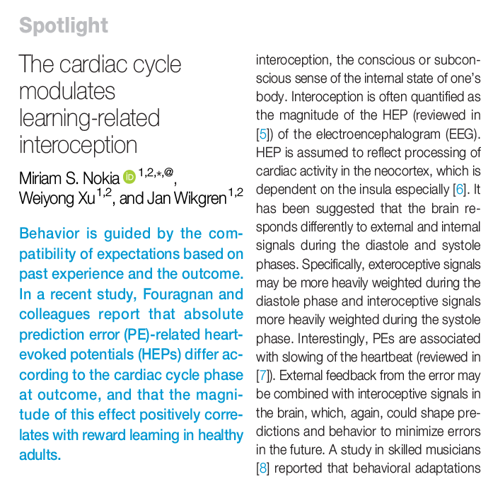 Trends in Cognitive Sciences (@trendscognsci) on Twitter photo The cardiac cycle modulates learning-related interoception
Spotlight by M. Nokia (<a href="/miriam_nokia/">Miriam Nokia</a>), W. Xu (<a href="/weiyong_xu/">Weiyong Xu</a>), & J. Wikgren (<a href="/drIronwire/">Jan Wikgren</a>) on recent <a href="/NatureComms/">Nature Communications</a> article by E. Fouragnan (<a href="/EFouragnan/">Elsa Fouragnan</a>), A. Sel (<a href="/AlexBrainSel/">Alex Sel</a>), and colleagues
tinyurl.com/jeu59wh5 The cardiac cycle modulates learning-related interoception
Spotlight by M. Nokia (<a href="/miriam_nokia/">Miriam Nokia</a>), W. Xu (<a href="/weiyong_xu/">Weiyong Xu</a>), & J. Wikgren (<a href="/drIronwire/">Jan Wikgren</a>) on recent <a href="/NatureComms/">Nature Communications</a> article by E. Fouragnan (<a href="/EFouragnan/">Elsa Fouragnan</a>), A. Sel (<a href="/AlexBrainSel/">Alex Sel</a>), and colleagues
tinyurl.com/jeu59wh5