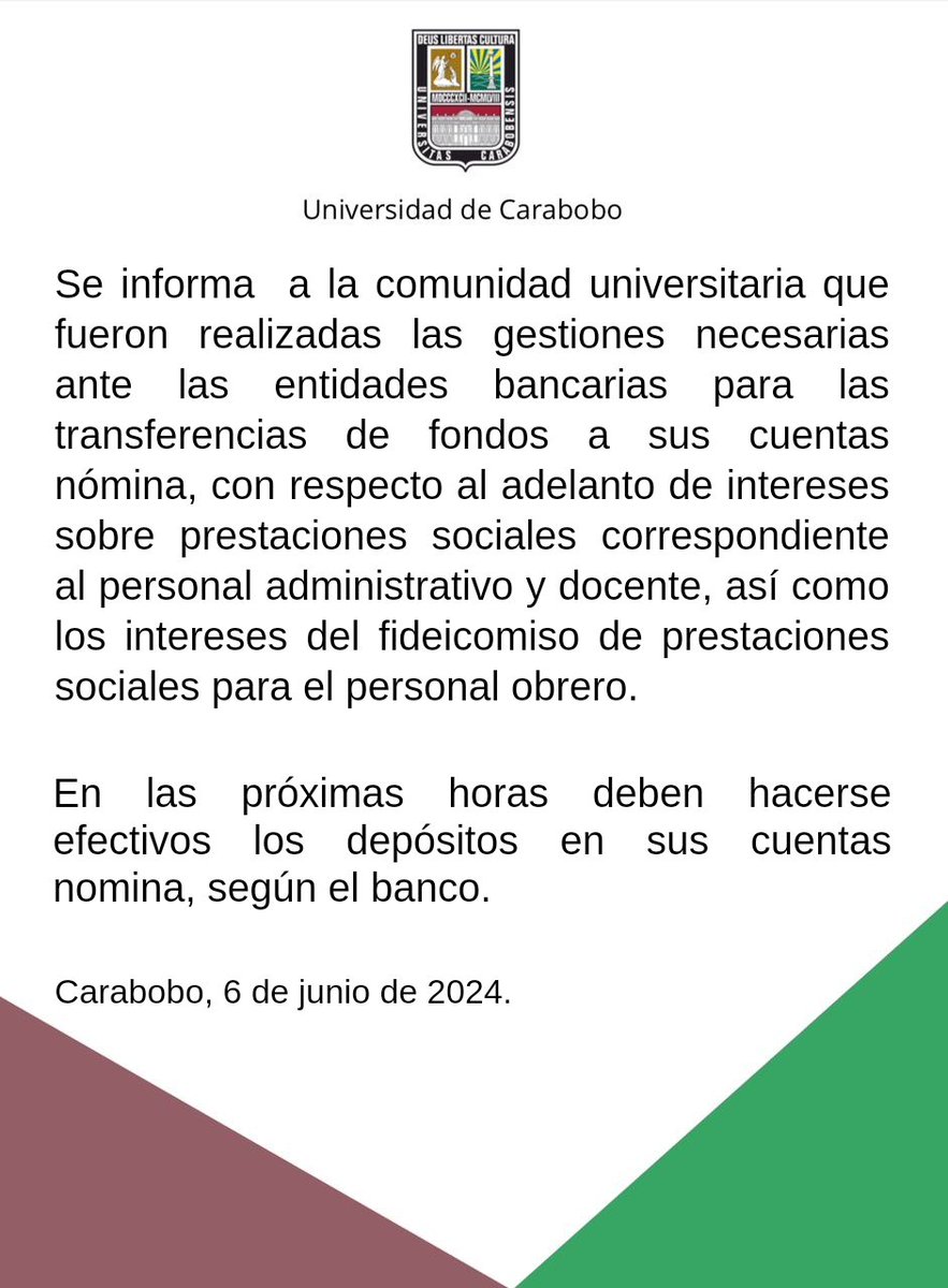 Dir_RRHHUC's tweet photo. (1/3) #Importante se informa a la comunidad universitaria que se realizaron las gestiones necesarias ante las entidades bancarias para las transferencias de fondos a sus cuentas nóminas. https://t.co/KqNJtkdR2e