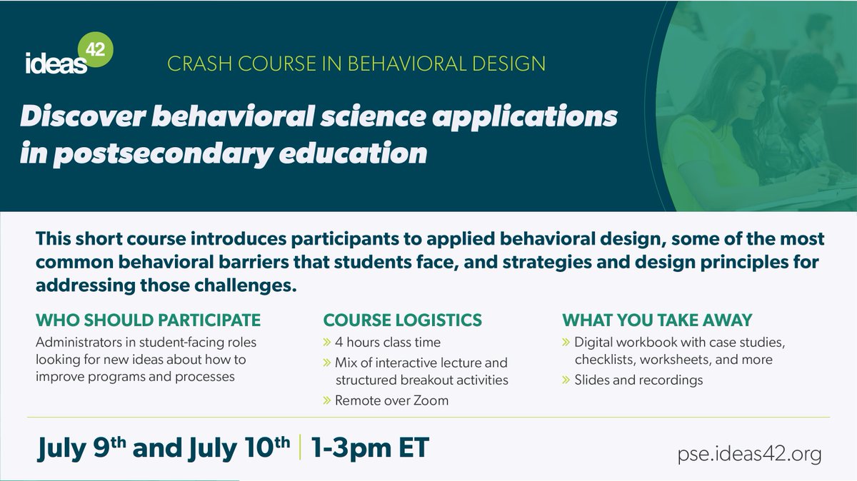 Register for our Crash Course in Behavioral Design for Postsecondary Education!

This short course will introduce higher ed professionals to the foundations of #behavioralscience and explore how these concepts can help students achieve their goals.

pse.ideas42.org/register/p/cra…