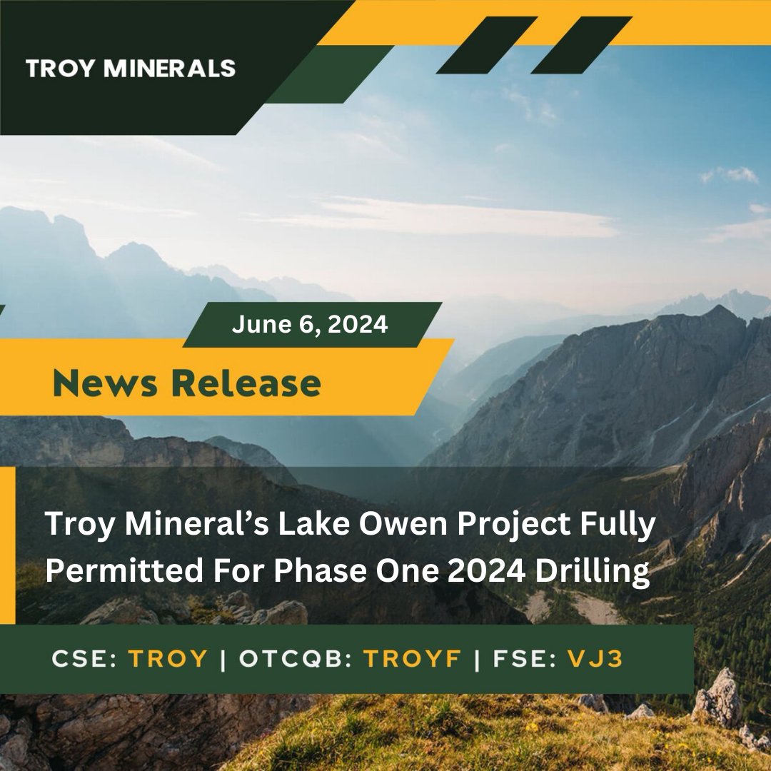 troy_minerals's tweet photo. PRESS RELEASE | @Troy_Minerals is pleased to announce that the final permits have been obtained for the Company’s #LakeOwen project’s 2024 drilling campaign.

Read release here: https://t.co/Xy3oFqmi5G

$TROY #TroyMinerals #Vanadium #Titanium #Mining https://t.co/YH32o6JUhj