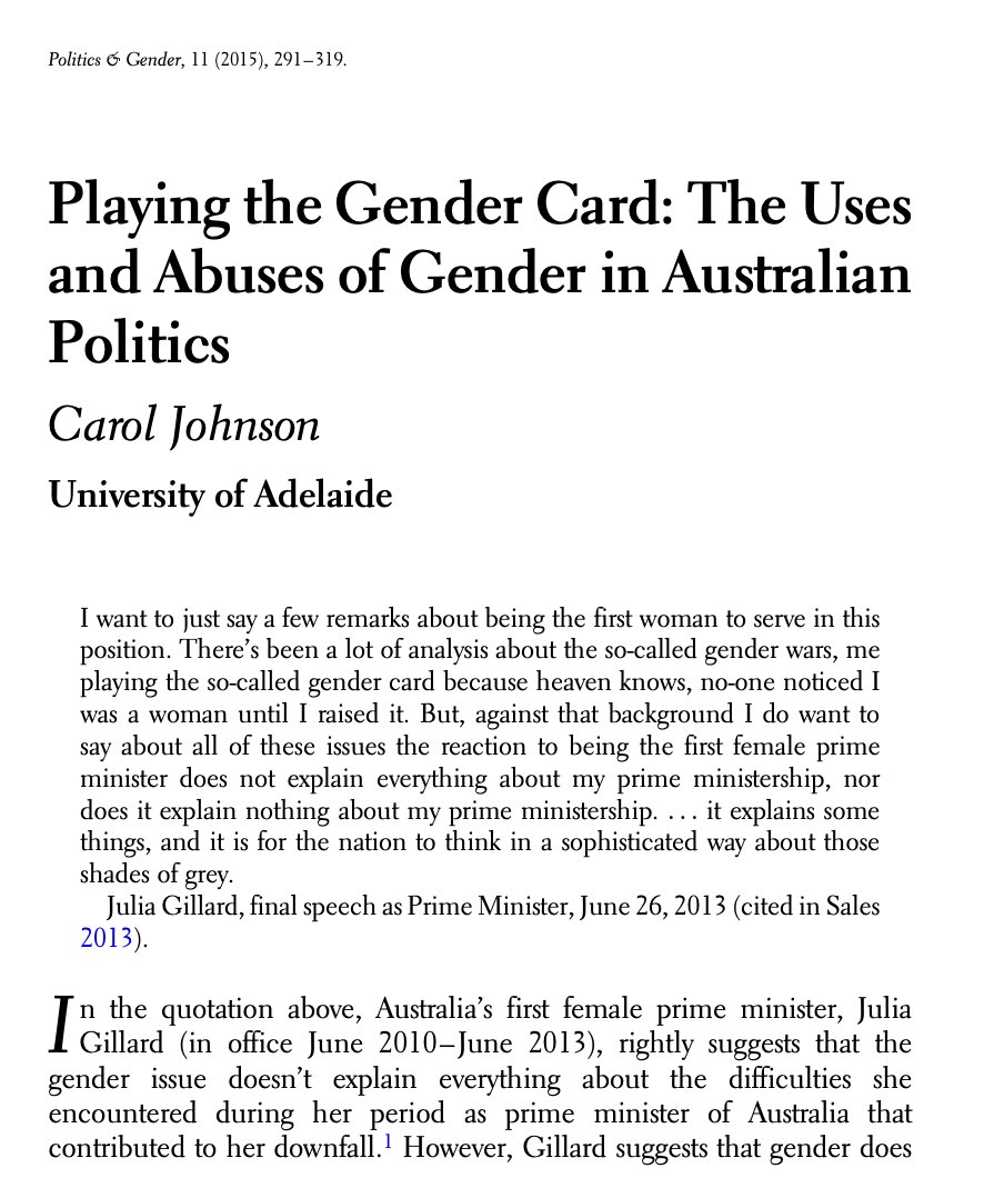 💫 New #PAG VSI on Women as National Leaders 💫Carol Johnson explores the performance of gender by women leaders in  'Playing the Gender Card: The Uses and Abuses of Gender in Australian Politics' cambridge.org/core/journals/…