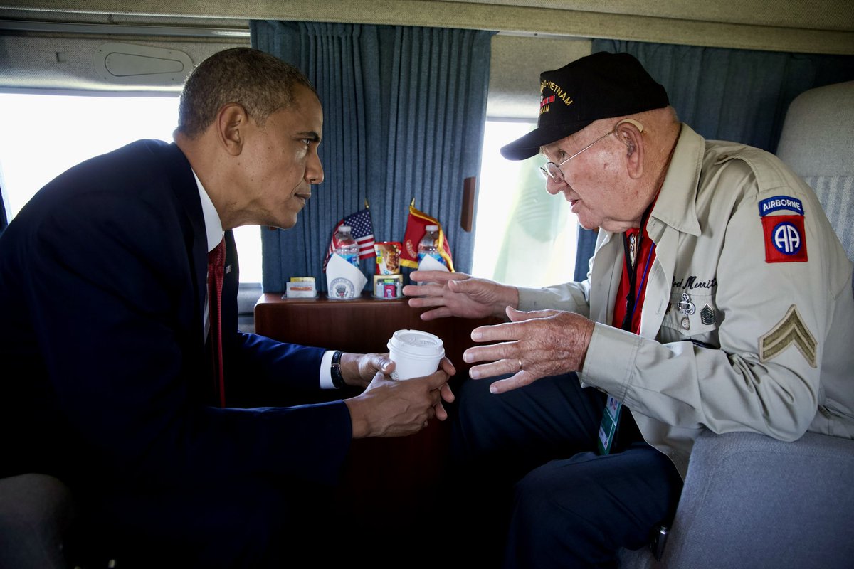 BarackObama's tweet image. Ten years ago, I had a chance to meet veterans of D-Day in Normandy. On this 80th anniversary, let’s remember the brave service members who stormed those beaches despite long odds, and whose example continues to show us the way.