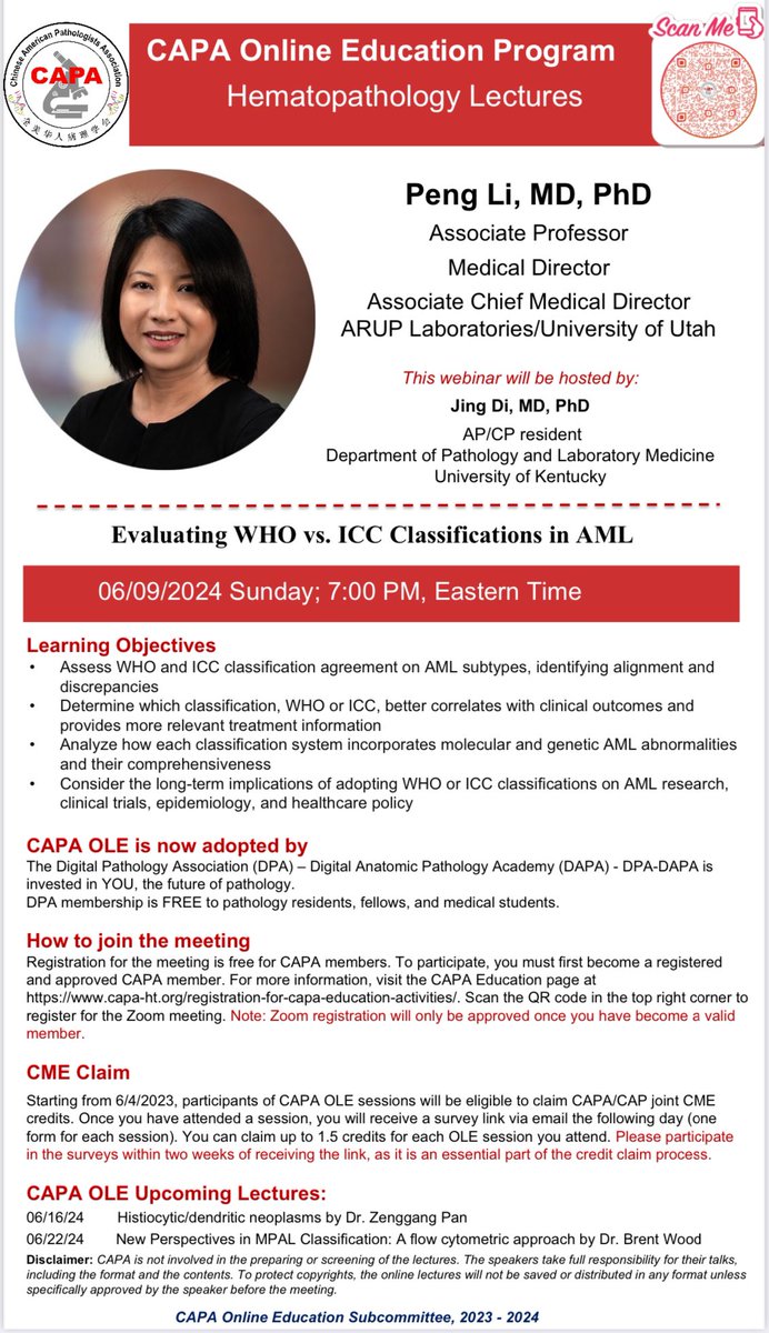 Chinese American Pathologists Association (@capa_comm) on Twitter photo 🌟 Excited for Dr. Peng Li’s lecture on “Evaluating WHO vs. ICC Classifications in AML” from <a href="/UofUPathology/">University of Utah Pathology</a>. Join us in the CAPA Online Education series this Sunday, 06/09 at 7 PM ET. Learn about AML subtypes & their clinical implications. Don’t miss out! Host: Dr. Di <a href="/JD_path/">Jing Di (邸菁) MD, PhD</a> 🌟 Excited for Dr. Peng Li’s lecture on “Evaluating WHO vs. ICC Classifications in AML” from <a href="/UofUPathology/">University of Utah Pathology</a>. Join us in the CAPA Online Education series this Sunday, 06/09 at 7 PM ET. Learn about AML subtypes & their clinical implications. Don’t miss out! Host: Dr. Di <a href="/JD_path/">Jing Di (邸菁) MD, PhD</a>