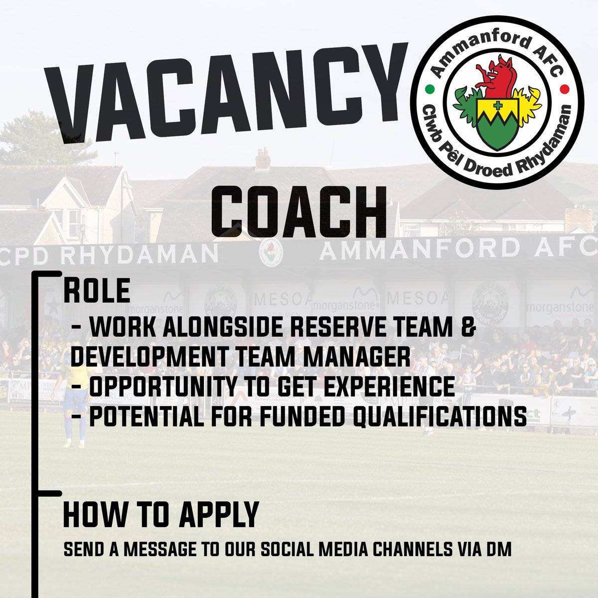 👤COACH WANTED👤

An opportunity has come available to join our coaching department to work alongside our Reserve Team &amp; Development Team Managers.

Please send a DM for further information 

🌑⚪️ | #TheTownAsOne #EinTref