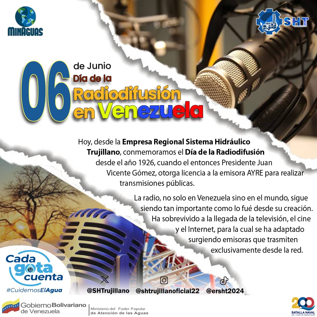 #06Junio 
#PuebloLealSiempre 

Desde la Empresa Regional Sistema Hidráulico Trujillano, celebramos hoy el Día de la Radiodifusión en Venezuela, medio de comunicación que se mantiene vigente y ha sobrevivido a la aparición dw la televisión, cine, internet y redes sociales