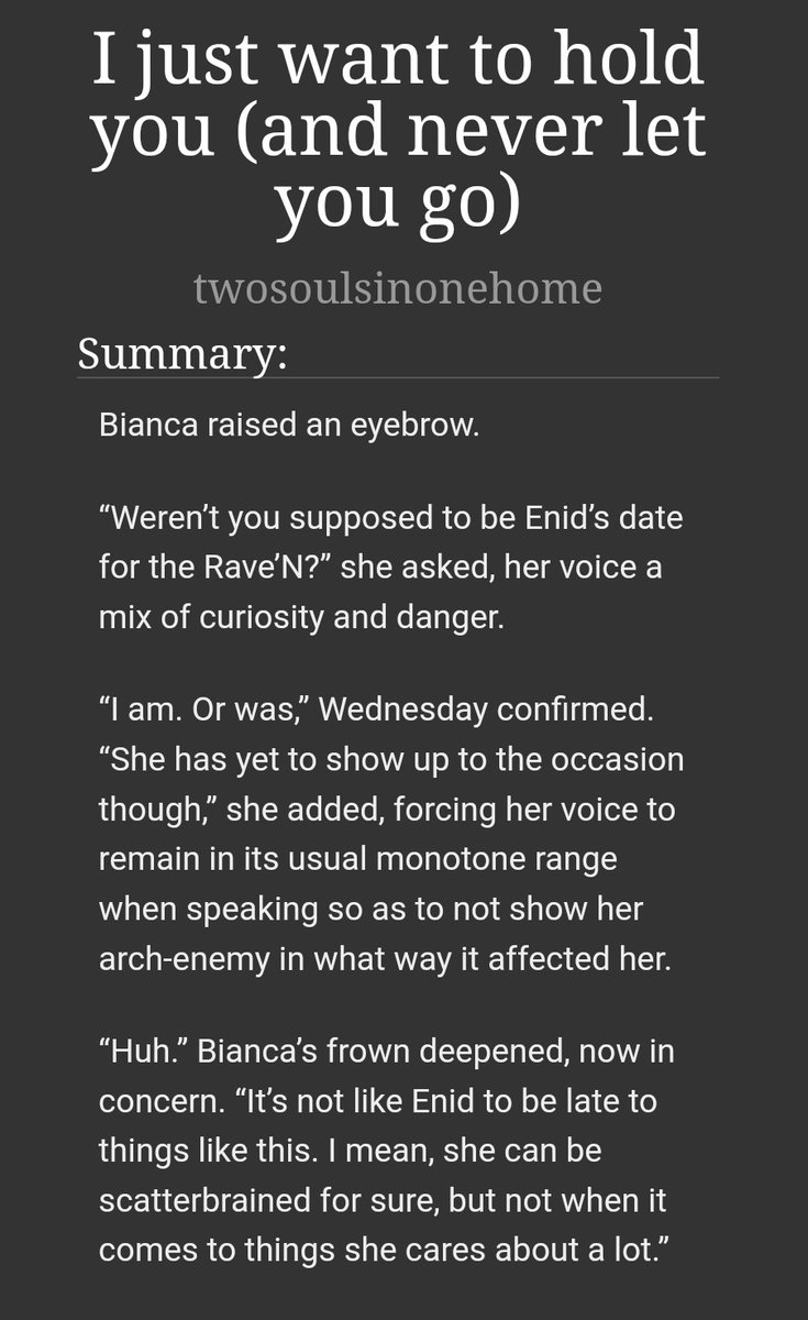 viernesd13th's tweet photo. I just want to hold you (and never let you go): twosoulsinonehome
Enid has agreed to be Wednesday's date to the Rave'N dance. Unfortunately, there's been a tiny incident involving a full moon that prevents her from attending
https://t.co/up0V6rvaFR
#wenclair #fridayficrec https://t.co/OMtGqJnTWU