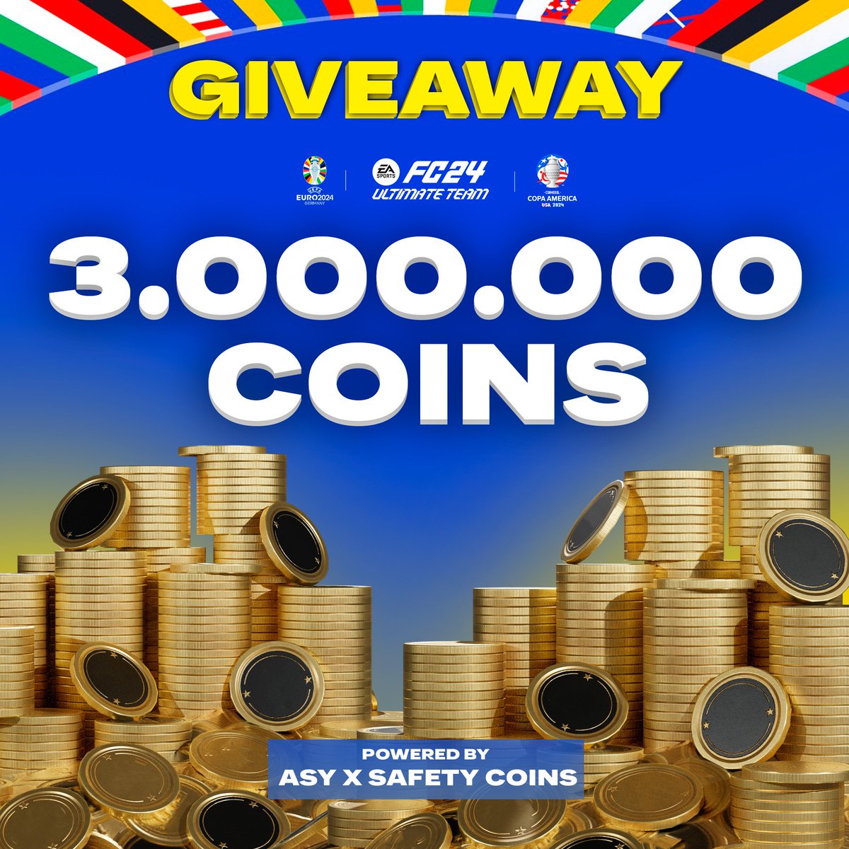 AsyFutTrader's tweet photo. 🚨 3 MILLION COINS 🪙 GIVEAWAY 🔥

EURO/COPA 2024 Promo preparation 🌏

To join the Giveaway:
🔁 Retweet the post  ( So I can choose the winners)
✅ Follow @AsyFutTrader &amp; @safetycoins 

Two winners, announced tomorrow after content 🤝 https://t.co/wcFctkM5Oo