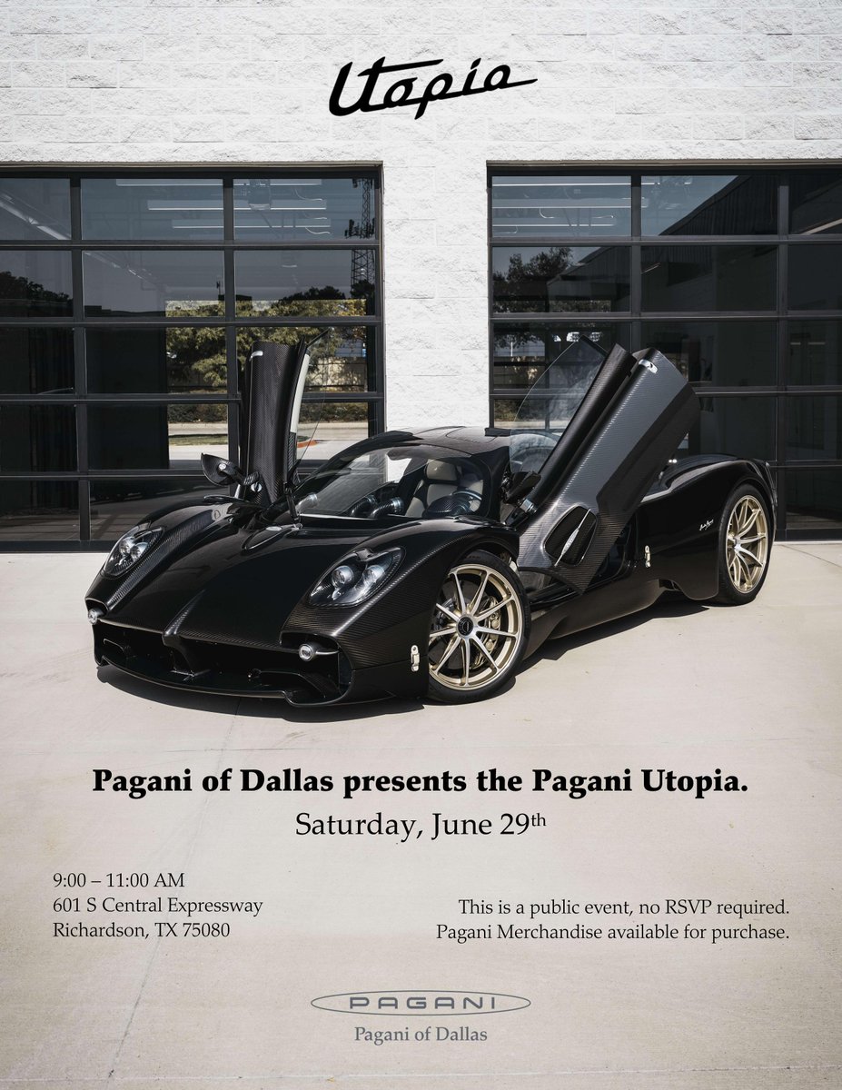PaganiofDallas's tweet photo. Pagani of Dallas is thrilled to feature the Pagani Utopia to the public on Saturday, June 29th from 9 - 11 AM, right here in our showroom! 

We will have exclusive Pagani merchandise available for purchase. 

#Pagani #PaganiAutomobili #PaganiUtopia #PaganiofDallas https://t.co/yAR9SpWvwQ