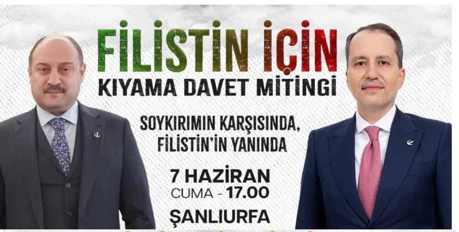 Genel başkanımız Dr.<a href="/erbakanfatih/">Dr. Fatih Erbakan</a> ve Şanlıurfa Büyükşehir belediye başkanımız Mehmet Kasım Gülpınar’ın katılacağı “Filistin için Kıyama Davet Mitingi”ne tüm halkımız davetlidir.