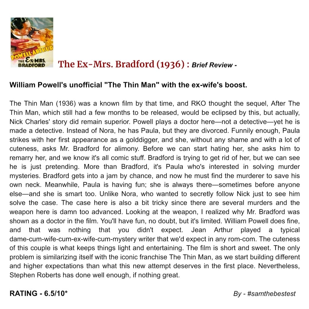 SAMTHEBESTEST_'s tweet photo. #TheExMrsBradford (1936) :
William Powell's unofficial #TheThinMan with the ex-wife's boost.
RATING - 6.5/10*
#StephenRoberts #WilliamPowell #JeanArthur #JamesGleason #EricBlore #RobertArmstrong #LilaLee #GrantMitchell #ErinOBrienMoore #MovieReview #FilmReview #OldHollywood https://t.co/9f7z28OpNP