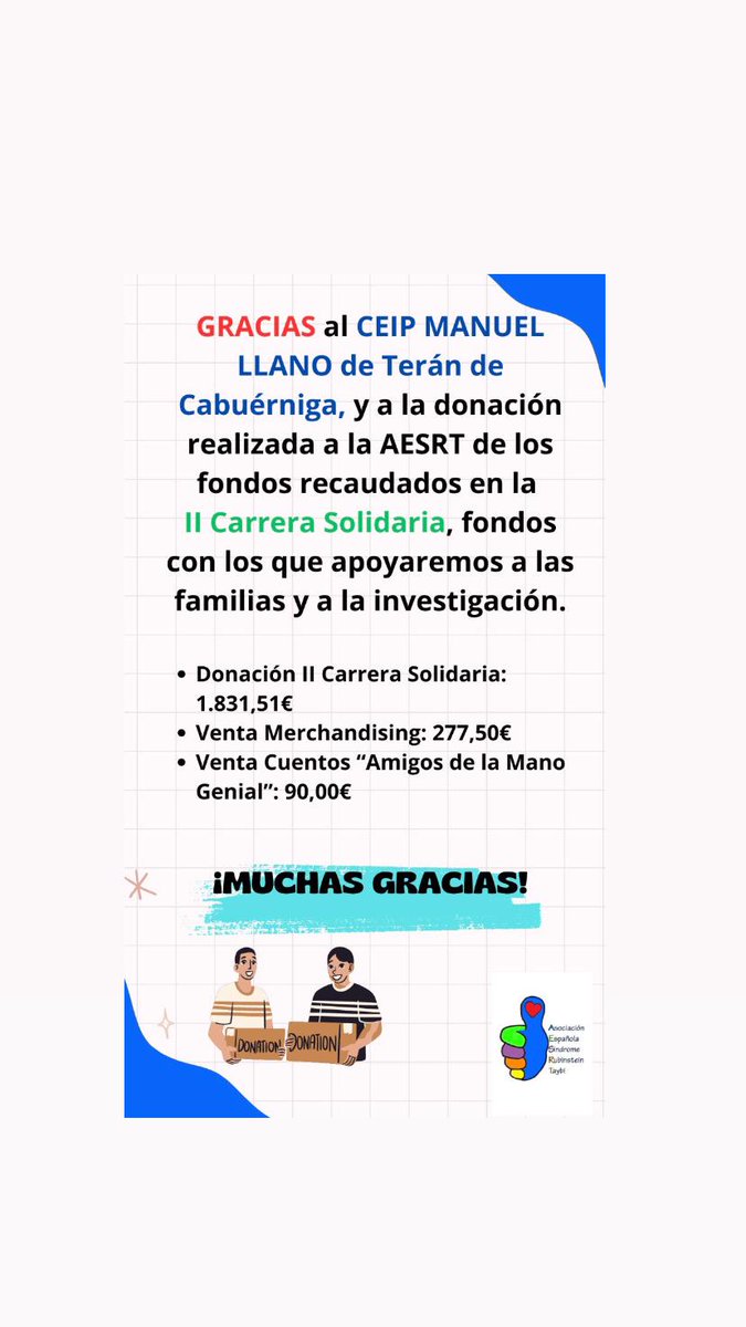 Queremos agradecer al CPI Manuel Llano de Terán de Cabuérniga por su donación a la AESRT . Fondos recaudados en la II Carrera Solidaria que tuvo lugar el pasado fin de semana 

Muchísimas gracias 

#cpimanuelllano
#terandecarbueniga 
#solidaridad 
#rubinsteintaybi