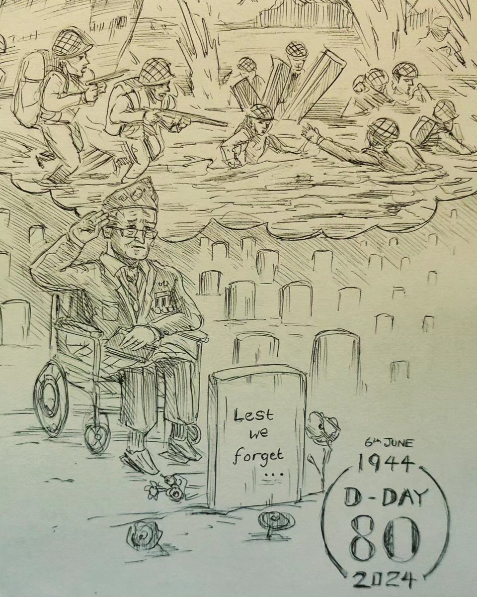 Sunil_K83's tweet photo. Whatever type of day you're having, we should all be grateful  as today marks 80 years since D-Day. Those men and women who had their whole lives ahead of them sacrificed their lives for our freedom... 

#lestweforget 
#dday80
#birosketch https://t.co/rfhwKz7MXv
