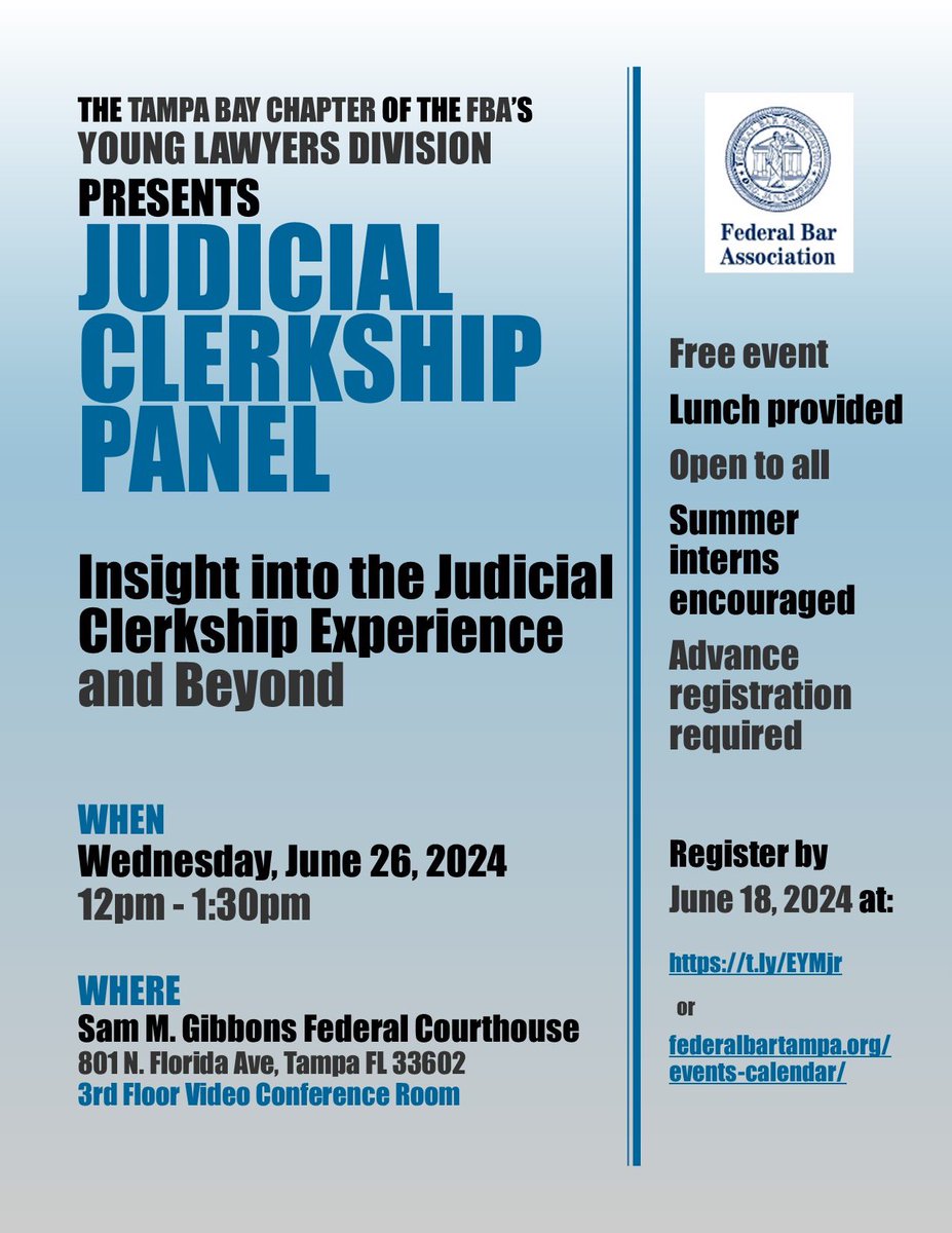 The Chapter’s YLD is partnering with the Middle District of Florida’s summer internship program to bring the annual Judicial Law Clerk Panel on Wednesday June 26, 2024, from 12:00pm to 1:30pm!