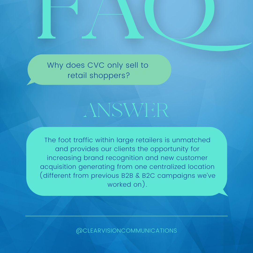 ClrVisionComm's tweet image. Why does CVC focus on retail shoppers? The answer lies in efficiency: retail sales grant us direct access to hundreds of shoppers AN HOUR. Experience satisfied customers with Clear Vision Communications! 
-
#faq #retailefficiency #customersatisfaction