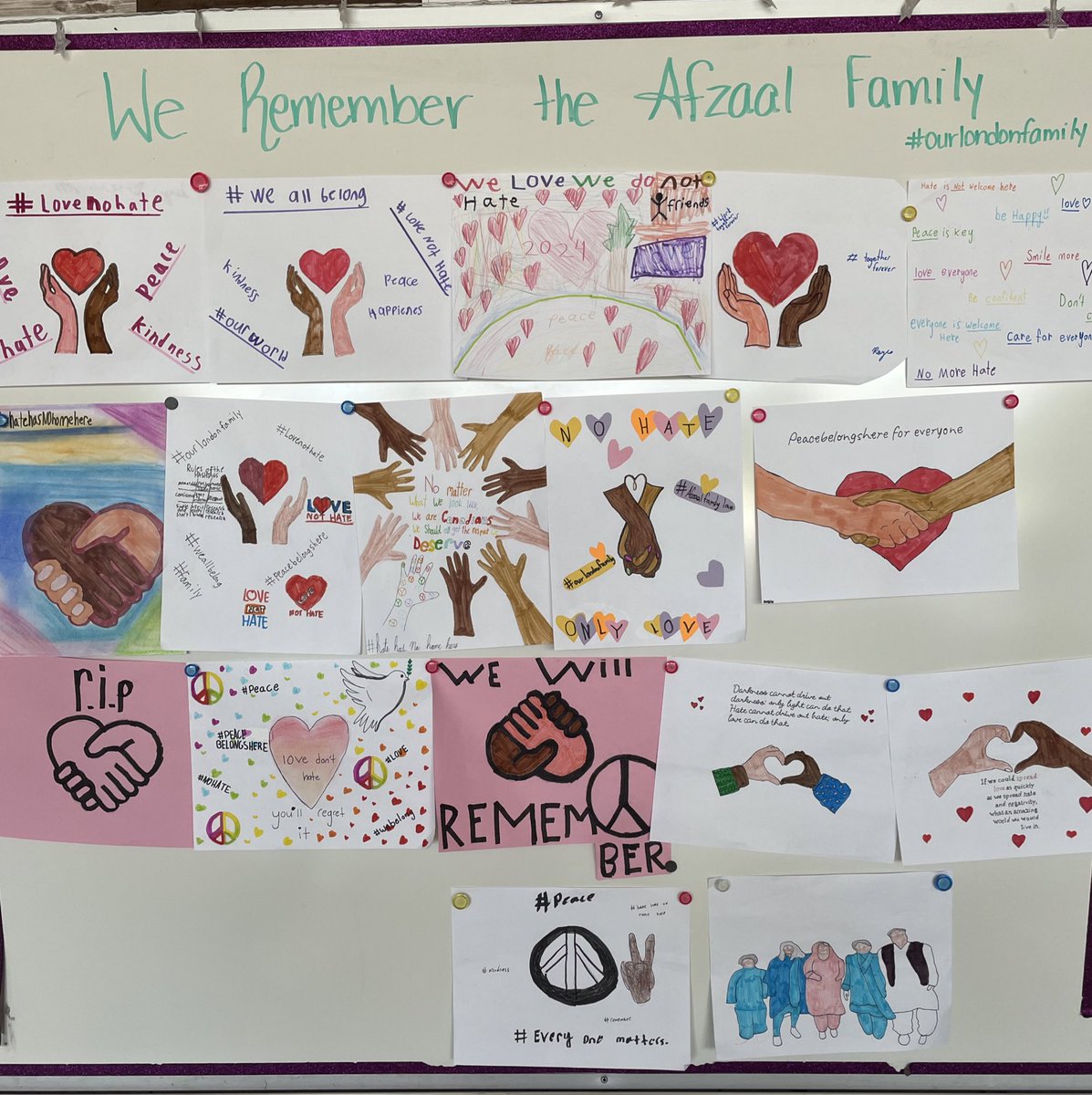 We started our day with a moment of silence, flags lowered, and a precious family in our thoughts. Our school walked together for them. My kiddos spent time in discussion and reflection, then they produced these beautiful reminders that hate has no place here. @OurLondonFamily