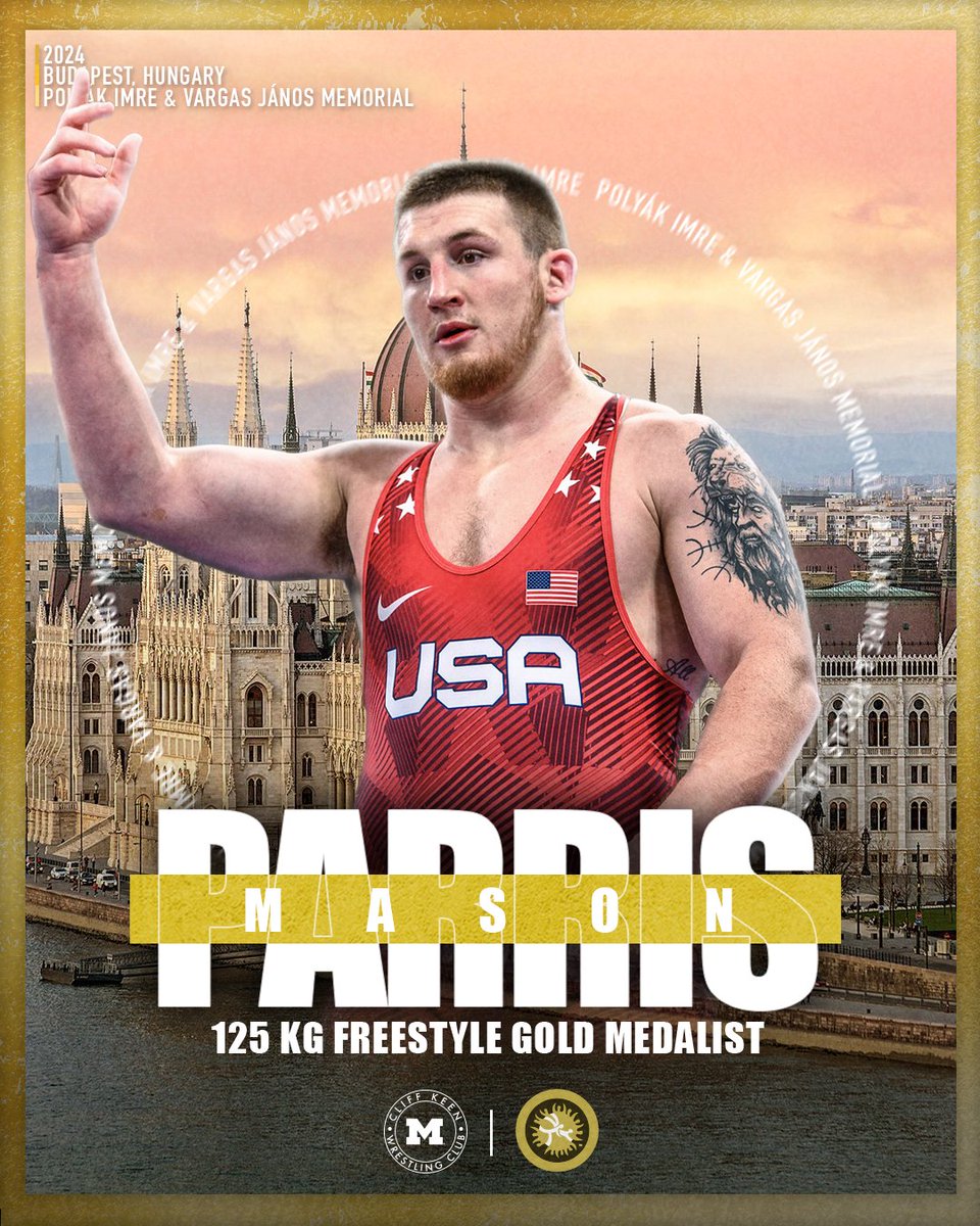FALLLLLLLL! Parris earns a quick first-period pin against Batirmurzaev (KAZ) in the 125kg gold-medal final. 🥇

Batirmurzaev went for a chest lock early; Mason put him on his back and settled in for the fall at :34. His second straight gold at the Budapest Ranking Series.