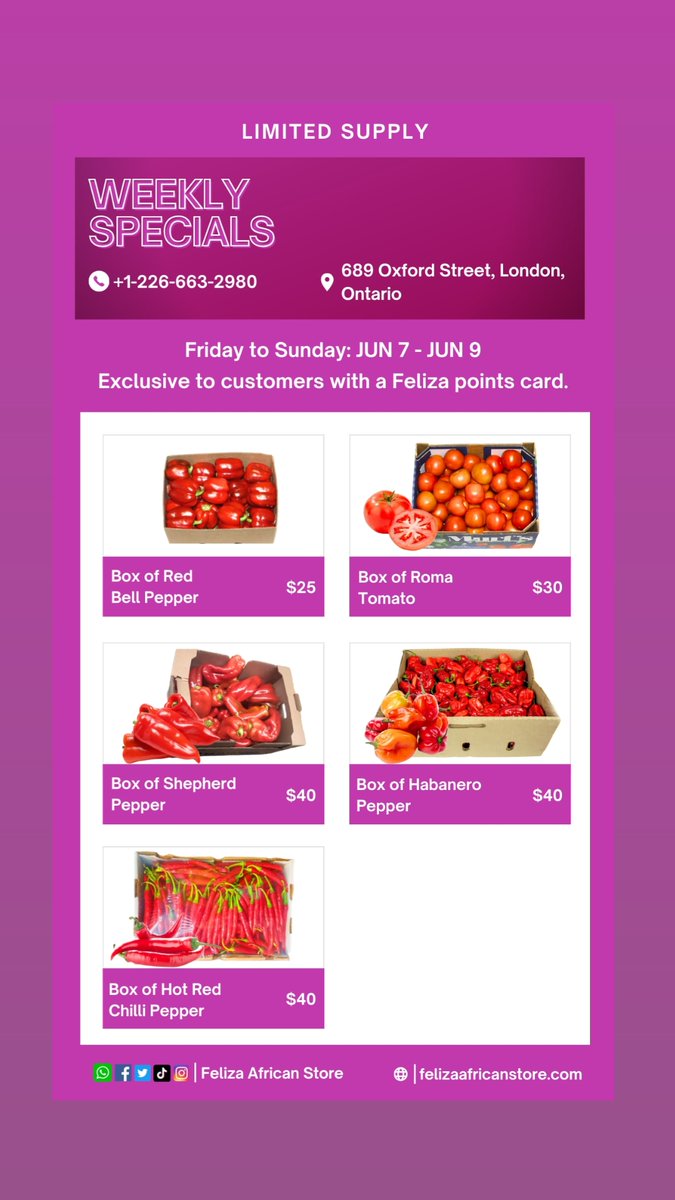 FelizaStore's tweet photo. 🌶️ Spicy Hot Specials From TOMORROW TO SUNDAY:

N.B - Limited supplies available. Shop via website &amp; UberEats 

👉🏻 Shopping link:
https://t.co/Dwb4X6nPm3
.

#london #ontario #grocerystore #africanstore #nigerianstore https://t.co/LGQIiXyRNQ