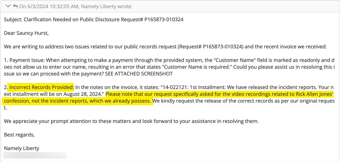 namelyliberty's tweet photo. Update: On June 3, SPD issued an invoice for the release of records, but there was a payment issue. We also notified them of the wrong records being released. Today, SPD confirmed they will provide the correct audio and video recordings by 8/28/2024. "We apologize for the delay." https://t.co/l3nOOOC2kp