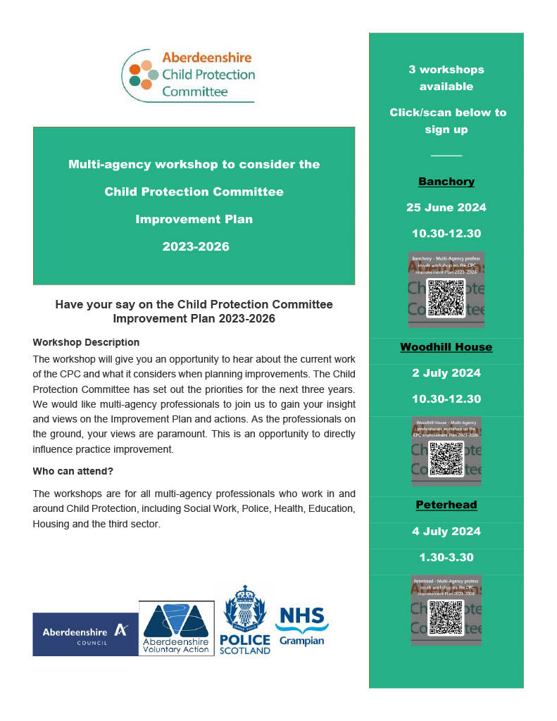 jacquel30557839's tweet photo. Aberdeenshire Child Protection Committee invite multi-agency professionals to directly influence the Improvement Plan 2023-2026. Join us in:
Banchory -https://t.co/74gE2HC0uR
Woodhill House -
https://t.co/HdMXCV3dFo
Peterhead -
https://t.co/H7aIzWn79p https://t.co/3bOyyoWCJV