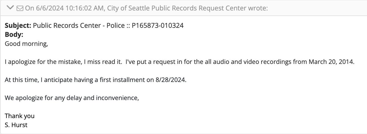 namelyliberty's tweet photo. Update: On June 3, SPD issued an invoice for the release of records, but there was a payment issue. We also notified them of the wrong records being released. Today, SPD confirmed they will provide the correct audio and video recordings by 8/28/2024. "We apologize for the delay." https://t.co/l3nOOOC2kp