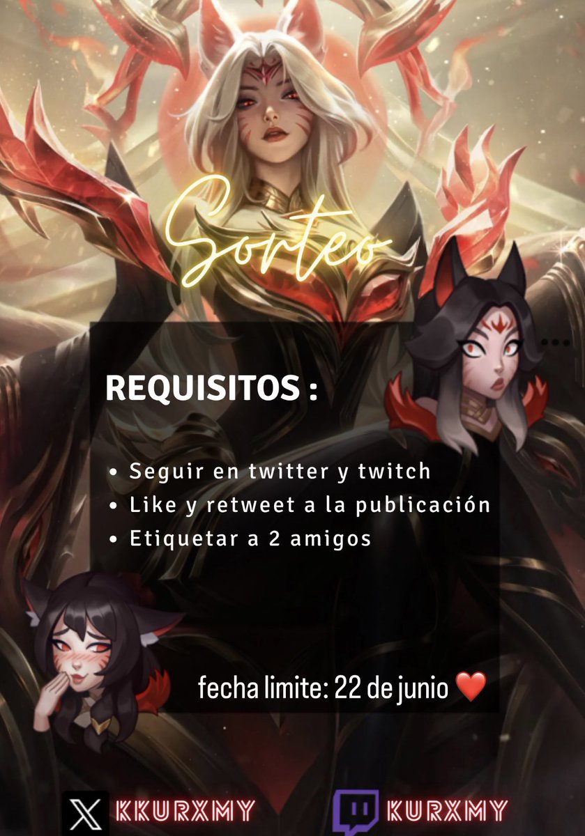 SORTEO “colección de leyenda Alzada” ❤️

mucha suerte a todos 🫵🏻

twitch.tv/kurxmy