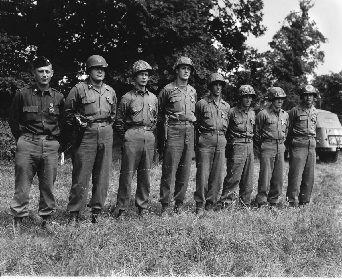 TracesofTexas's tweet photo. One of the greatest heroes on D-Day, of course, was Lt. Col. James E. Rudder, commander of the 2nd Ranger Battalion in the invasion. Said General Omar Bradley, “No soldier in my command has ever been wished a more difficult task than that which befell the 34-year-old commander of this Provisional Ranger Force. Lieutenant Colonel James E. Rudder, a rancher from Brady, Texas, was to take a force of 200 men, land on a shingled shelf under the face of a 100-foot cliff, scale the cliff, and there destroy an enemy battery of coastal guns.”

Rudder was from Eden, Texas. I've told his story here, of course, but every year on this date I try to fill out a little more of his story.  One of my favorite Rudder facts is that, when he first went to college at Tarleton State University, in 1927, he didn't quite have enough for tuition and room and board, so the Tarleton football coach, W.J. Wisdom, arranged to award him a partial "milk cow scholarship." The Lions Club donated a 2-year-old Jersey heifer, which Rudder milked daily in exchange for reduced prices for his meals in Tarleton's dining halls.

Shown here:  Ten Army Rangers received the Distinguished Service Cross for gallantry during the seizure of Pointe du Hoc on D-Day. Eight of the recipients are pictured in this photo, including Lieutenant Colonel James E. Rudder, who is standing at far left.  I have such incredible respect for these men. To do what they did takes more courage that, to me, seems more than humanly possible.
