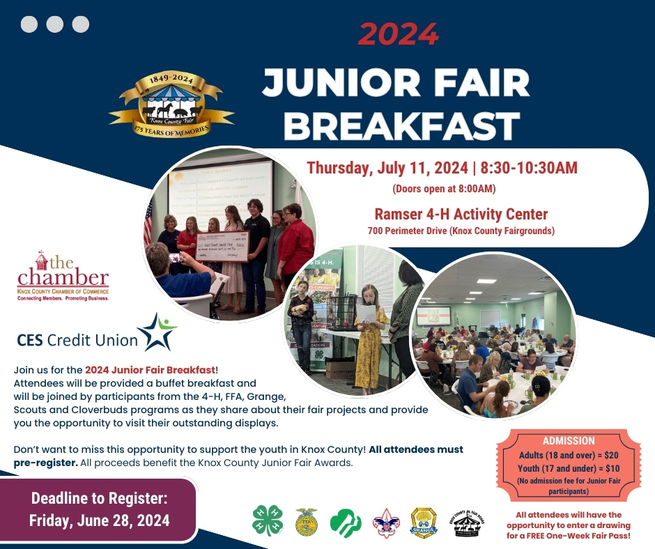 CESCreditUnion's tweet photo. Join us on Thursday, July 11th for the 2024 Junior Fair Breakfast! 🥓🍳

You don’t want to miss this opportunity to support the youth in Knox County! All proceeds benefit the Knox County Junior Fair Awards. Register at the following link, https://t.co/LDLUIiDzw3. 🙂 https://t.co/1QMSgWJQeR